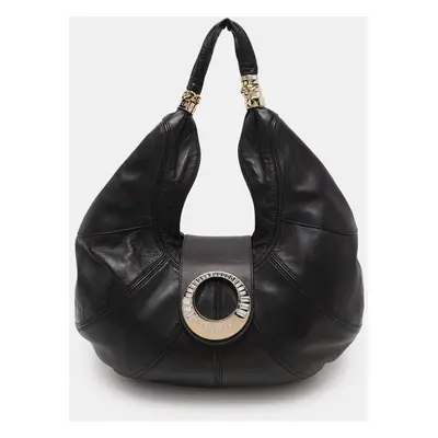 Versace Black Leather Crystal Embellished Flap Hobo