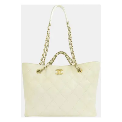 Chanel White Caviar Leather Chain Tote Bag