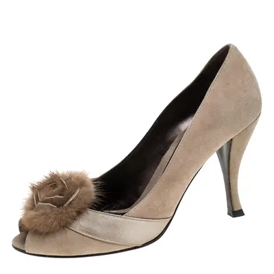 Sergio Rossi Beige Suede And Fur Bow Peep Toe Pumps Size 37.5