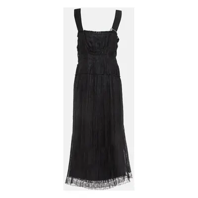 Bottega Veneta Black Silk Blend Pleated Lace Trim Midi Dress