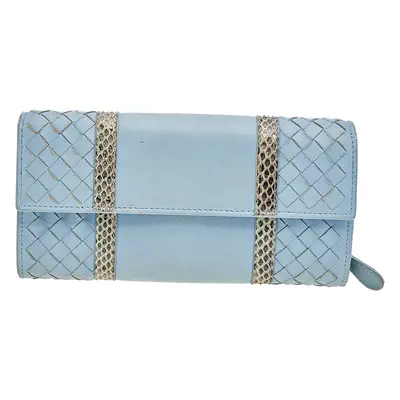 Bottega Veneta Powder Blue Intrecciato Leather and Snakeskin Trim Flap Continental Wallet