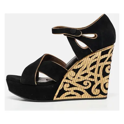 Marni Black/Gold Suede Wedge Ankle Strap Sandals Size