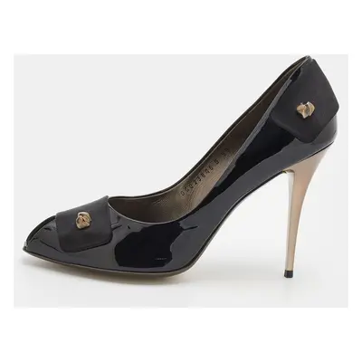 Salvatore Ferragamo Black Patent Leather and Satin Peep Toe Pumps Size