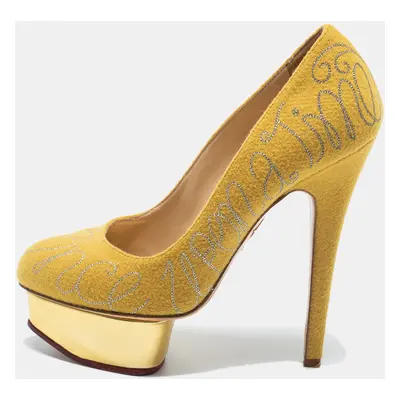 Charlotte Olympia Mustard Yellow Cotton Embroidered Felt Dolly Platform Pumps Size