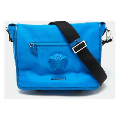 Versace Blue Nylon La Medusa Flap Messenger Bag