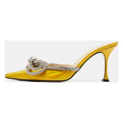 Mach & Mach Metallic Yellow Patent Leather Crystal Embellished Double Bow Mules Size 38.5