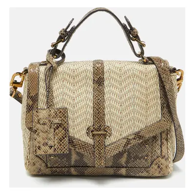 Tory Burch Beige/Brown Snakeskin Embossed Leather and Raffia Top Handle Bag