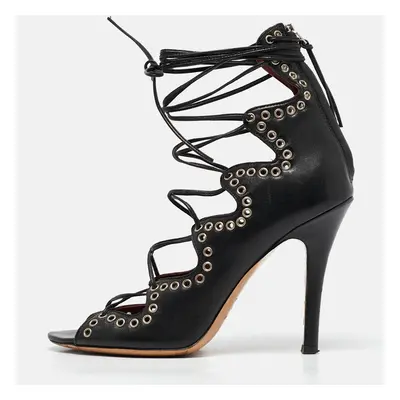 Isabel Marant Black Leather Eyelet Embellished Lace Up Lelie Sandals Size