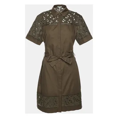 Kenzo Olive Green Cotton Poplin Lace Detailed Short Sleeve Dress