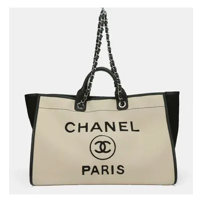 Chanel Black Canvas Deauville Wool Leather Tote Bag