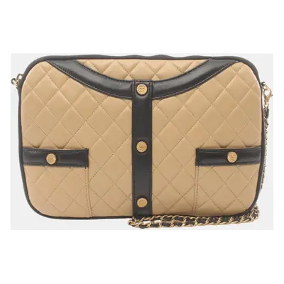 Chanel Beige Black Lambskin Matelasse Shoulder Bag