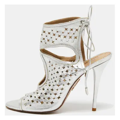 Aquazzura Silver Leather Laser Cut Sexy Thing Ankle Tie Sandals Size