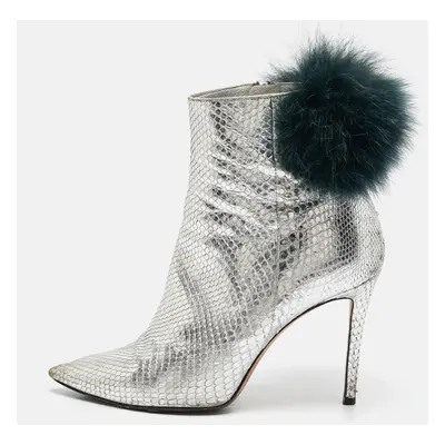 Jimmy Choo Silver Python Embossed Leather and Fur Ankle Length Boots Size 36.5