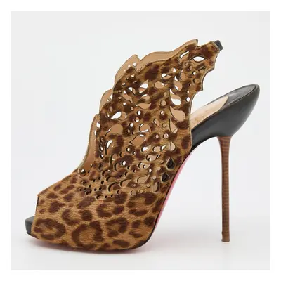 Christian Louboutin Brown Leopard Print Calf Hair Laser Cut Out Markesling Slingback Booties Siz