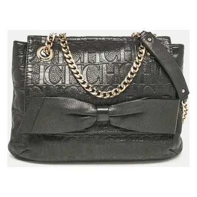 CH Carolina Herrera Black Monogram Embossed Leather Audrey Shoulder Bag