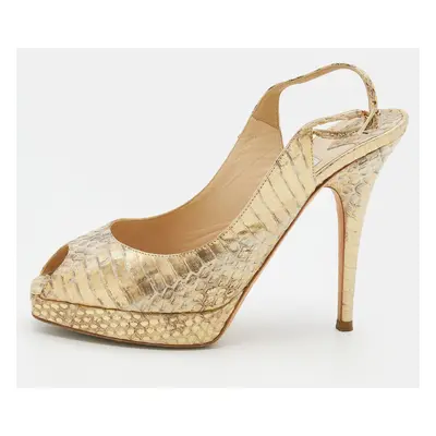 Jimmy Choo Metallic Gold Watersnake Platform Slingback Peep Toe Pumps Size 37.5