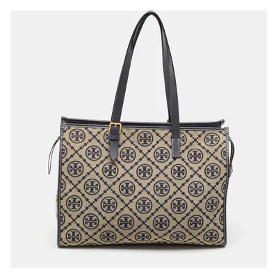 Tory Burch Navy Blue Canvas and Leather T Monogram Tote