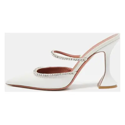 Amina Muaddi White Leather Gilda Mules Size