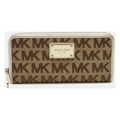 Michael Kors Beige/White Signature Canvas and Leather Zip Around Wallet