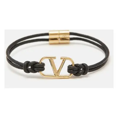 Valentino VLogo Black Leather Gold Tone Bracelet