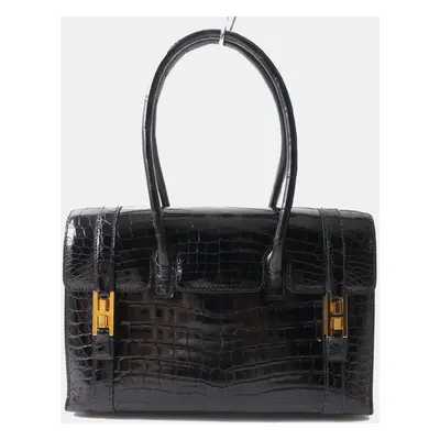 Hermes Black Gold Leather Drag Crocodile Handbag