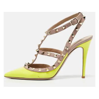 Valentino Green/Beige Patent and Leather Caged Rockstud Ankle Strap Pumps Size