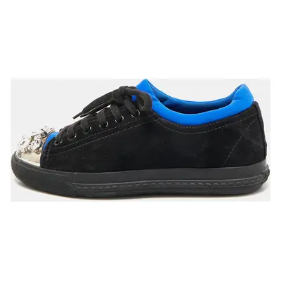 Miu Miu Black/Blue Suede and Fabric Crystal Cap Toe Low Top Sneakers Size 37.5