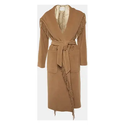 Max Mara Brown Camel Wool Fringed Wrap Coat