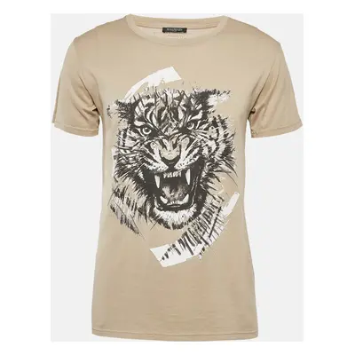 Balmain Beige Tiger Print Cotton Round Neck T-Shirt