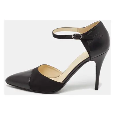 Chanel Black Leather and Fabric CC Ankle Strap Pumps Size