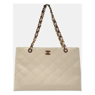 Chanel Light Beige Caviar Skin Leather Wood Handbag