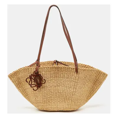 Loewe Brown/Tan Woven Raffia Small Shell Basket Bag