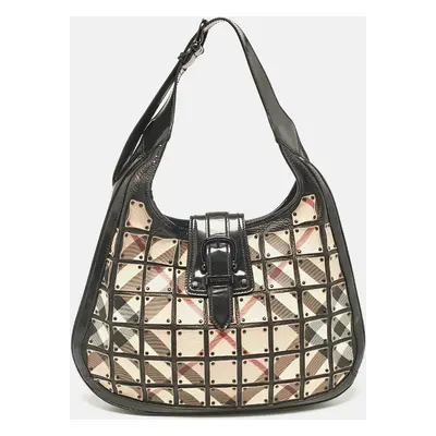 Burberry Black/Beige Nova Check Canvas and Leather Studded Brooke Warrior Hobo