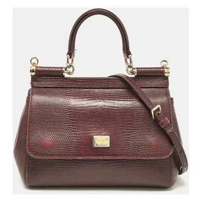 Dolce & Gabbana Burgundy Lizard Embossed Leather Small Miss Sicily Top Handle Bag