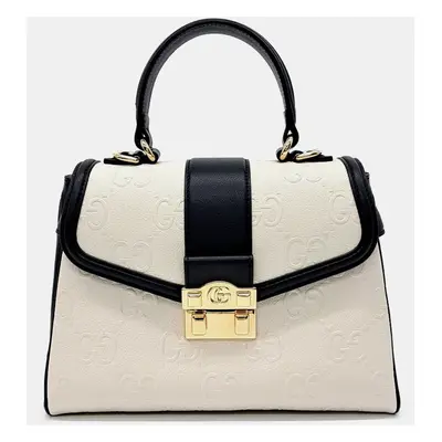 Gucci Black White Leather Small GG Top Handle Bag