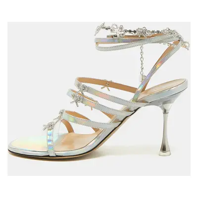 Mach & Mach Silver Iridescent Leather Crystal Bow Camille Sandals Size