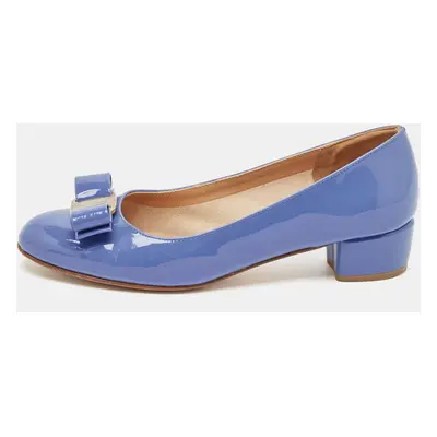 Salvatore Ferragamo Blue Patent Leather Vara Bow Block Heel Pumps Size 36.5