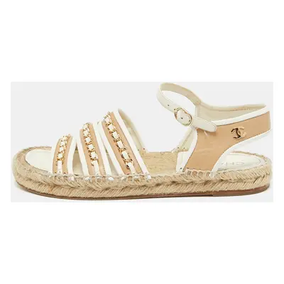 Chanel Beige/White Leather CC Chain Link Strappy Espadrille Sandals Size