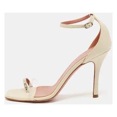 Amina Muaddi Cream Leather Daisy Ankle Strap Sandals Size 39.5