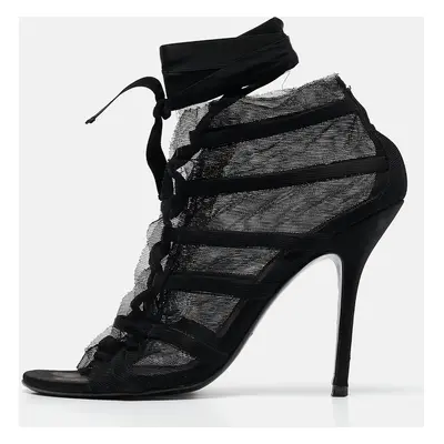 Dolce & Gabbana Black Mesh and Satin Lace Up Peep Toe Booties Size