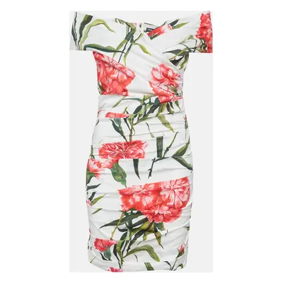 Dolce & Gabbana White Floral Print Cotton Ruched Off-Shoulder Mini Dress