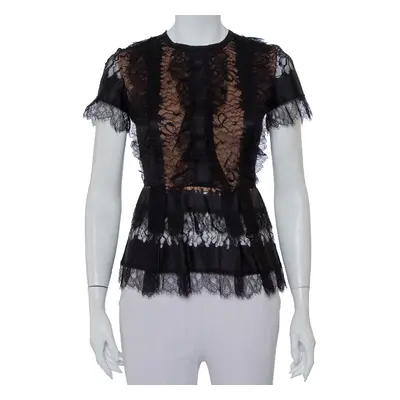 Elie Saab Black Lace Short Sleeve Peplum Top