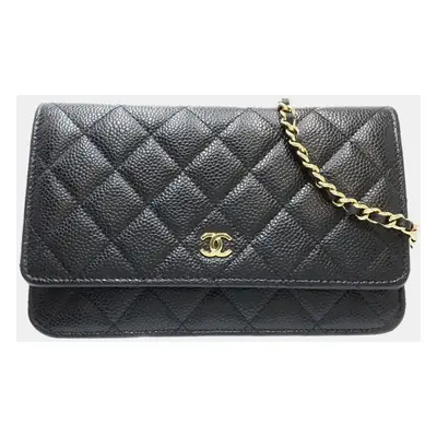 Chanel Black Leather Timeless Classic Matelasse Caviar Skin Chain Wallet