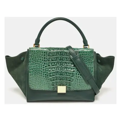 Celine Dark Green Leather and Crocodile Horn Back Top Handle Bag