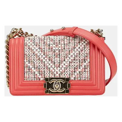 Chanel Pink White Multicolor Tweed Leather Boy Coco Mark Chain Shoulder Bag