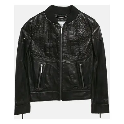 Philipp Plein Junior Black Crocodile Textured Leather Stud Detail Biker Jacket Yrs