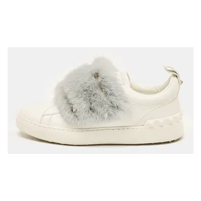 Valentino White Leather and Mink Fur Rockstud Low Top Sneakers Size 37.5