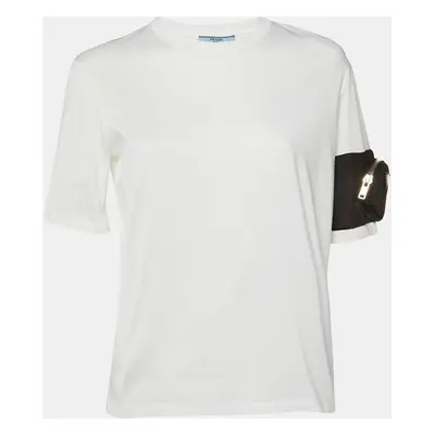 Prada White Cotton Zip Pocket Sleeve Detail Crew Neck T-Shirt