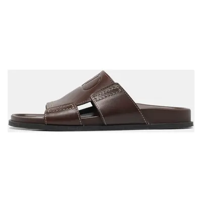 Valentino Brown Leather Escape V logo Slide Sandals Size