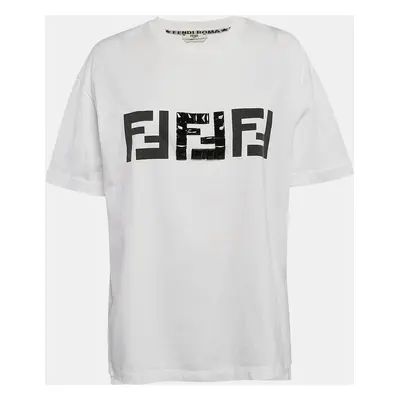 Fendi White Embellished Logo Cotton Oversized T-Shirt